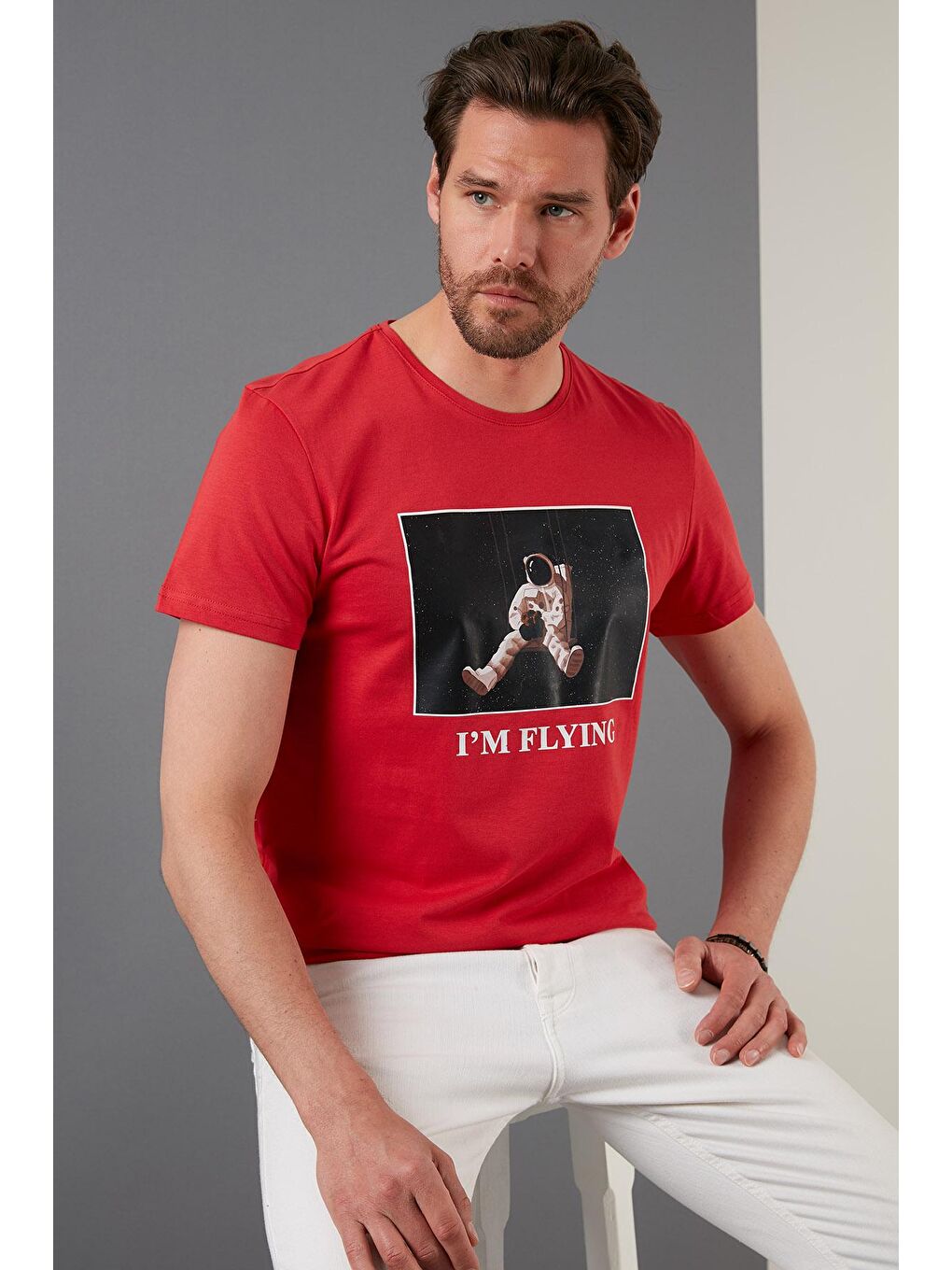 Kırmızı Baskılı Slim Fit Bisiklet Yaka % 100 Pamuk T Shirt 5902416