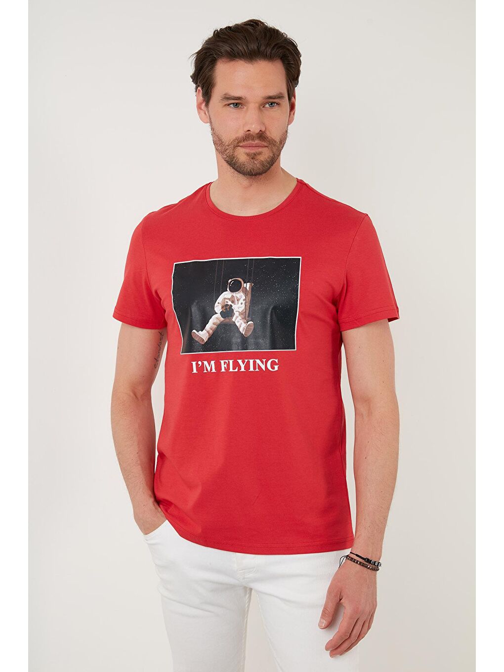 Kırmızı Baskılı Slim Fit Bisiklet Yaka % 100 Pamuk T Shirt 5902416-1