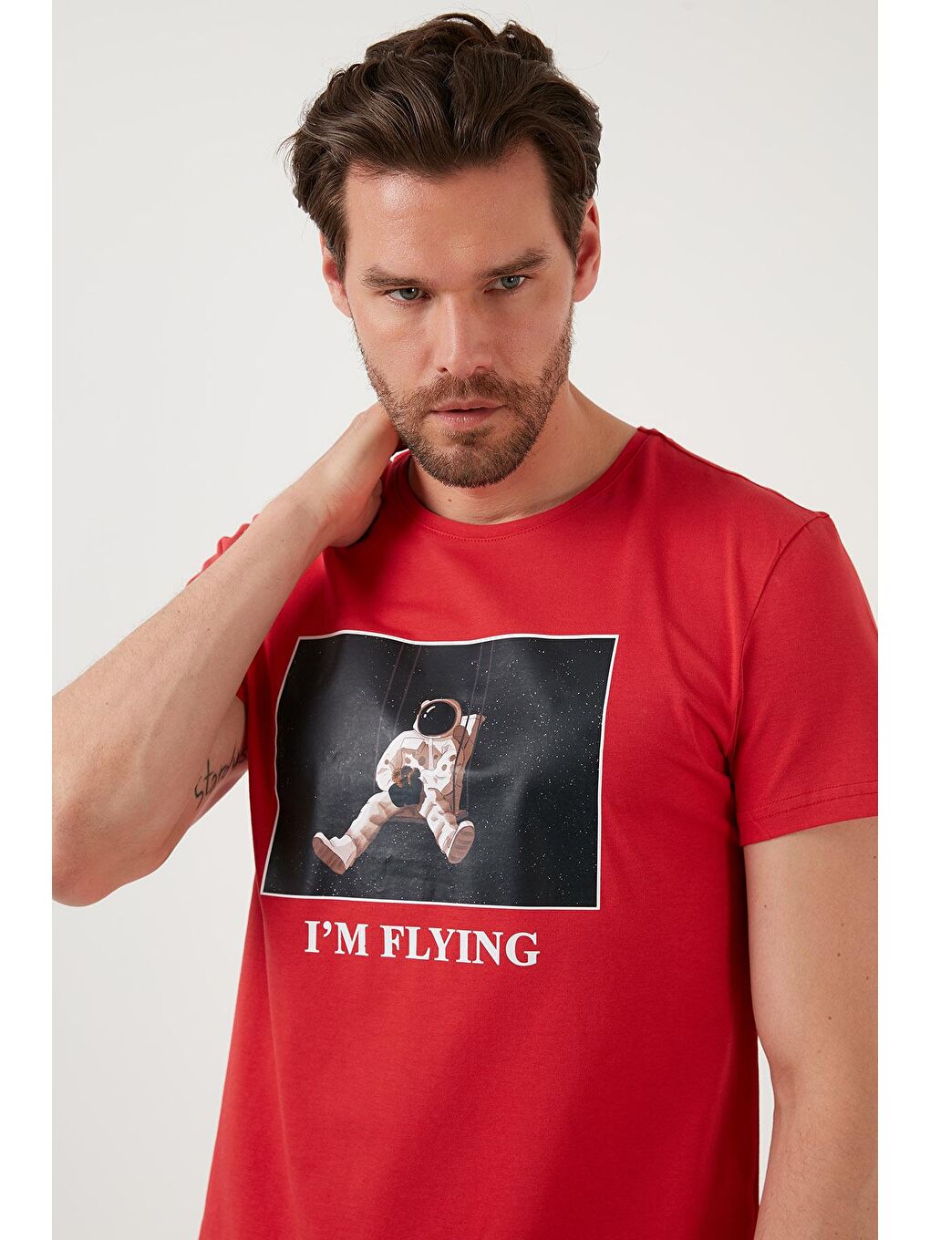 Kırmızı Baskılı Slim Fit Bisiklet Yaka % 100 Pamuk T Shirt 5902416-2