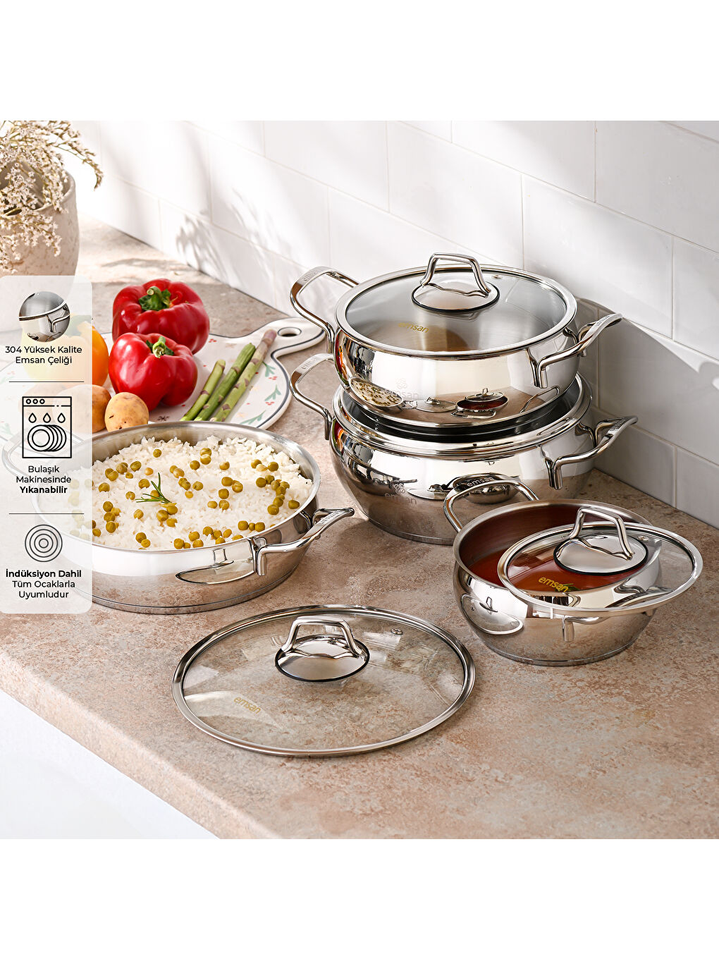 Gri Cemre İndüksiyon Tabanlı 8 Parça Çelik Tencere Seti-6