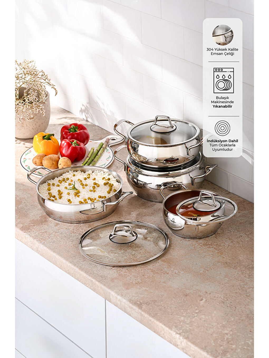 Gri Cemre İndüksiyon Tabanlı 8 Parça Çelik Tencere Seti-1