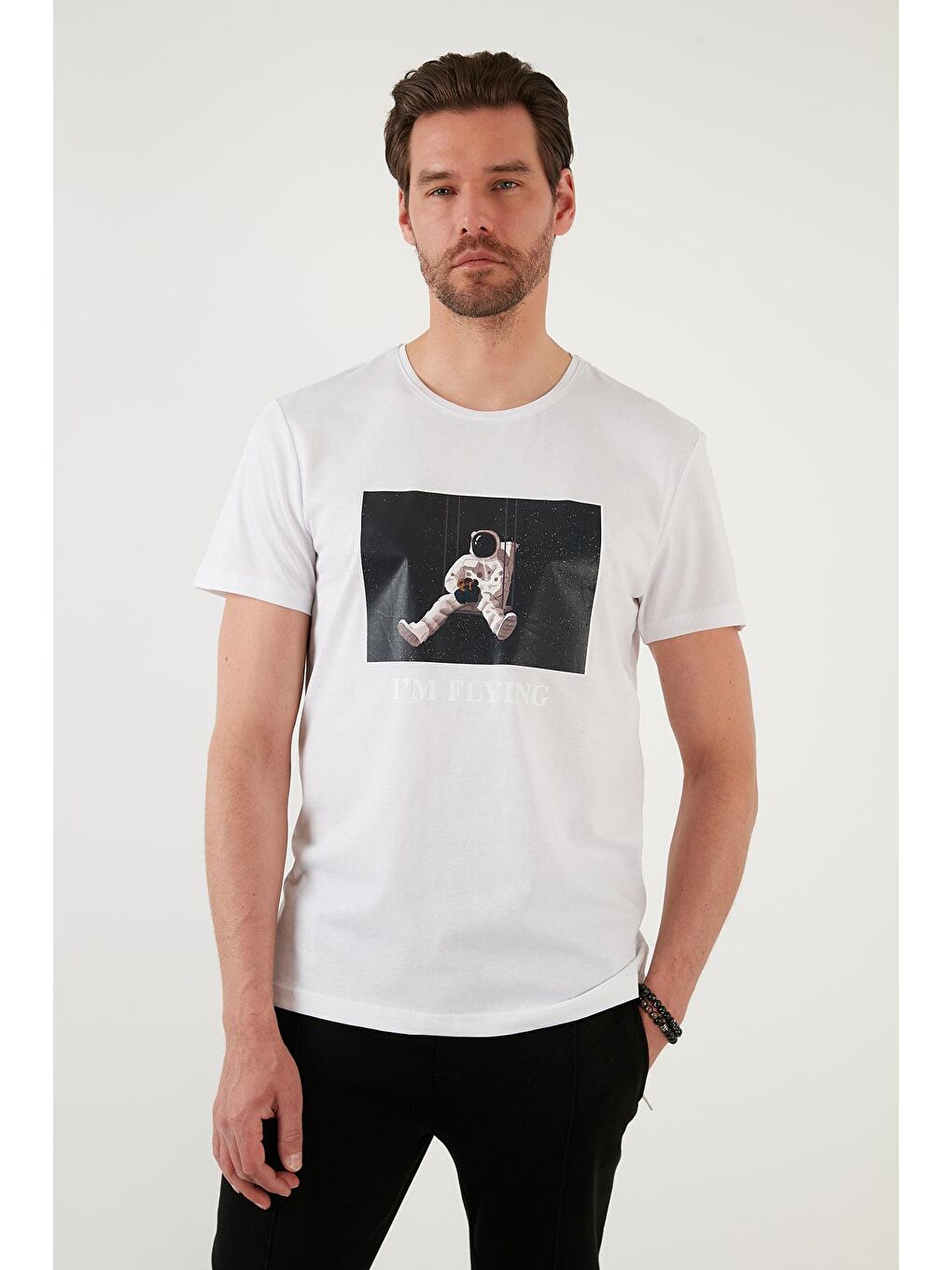 Beyaz Baskılı Slim Fit Bisiklet Yaka %100 Pamuk Tişört 5902416-1