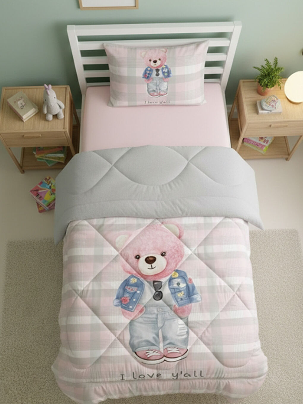 Karışık Pembe Teddy Desenli Tek Kişilik 160x220 Cm Wellsoft Çift Taraflı Silikon Yorgan Ve Uyku Seti
