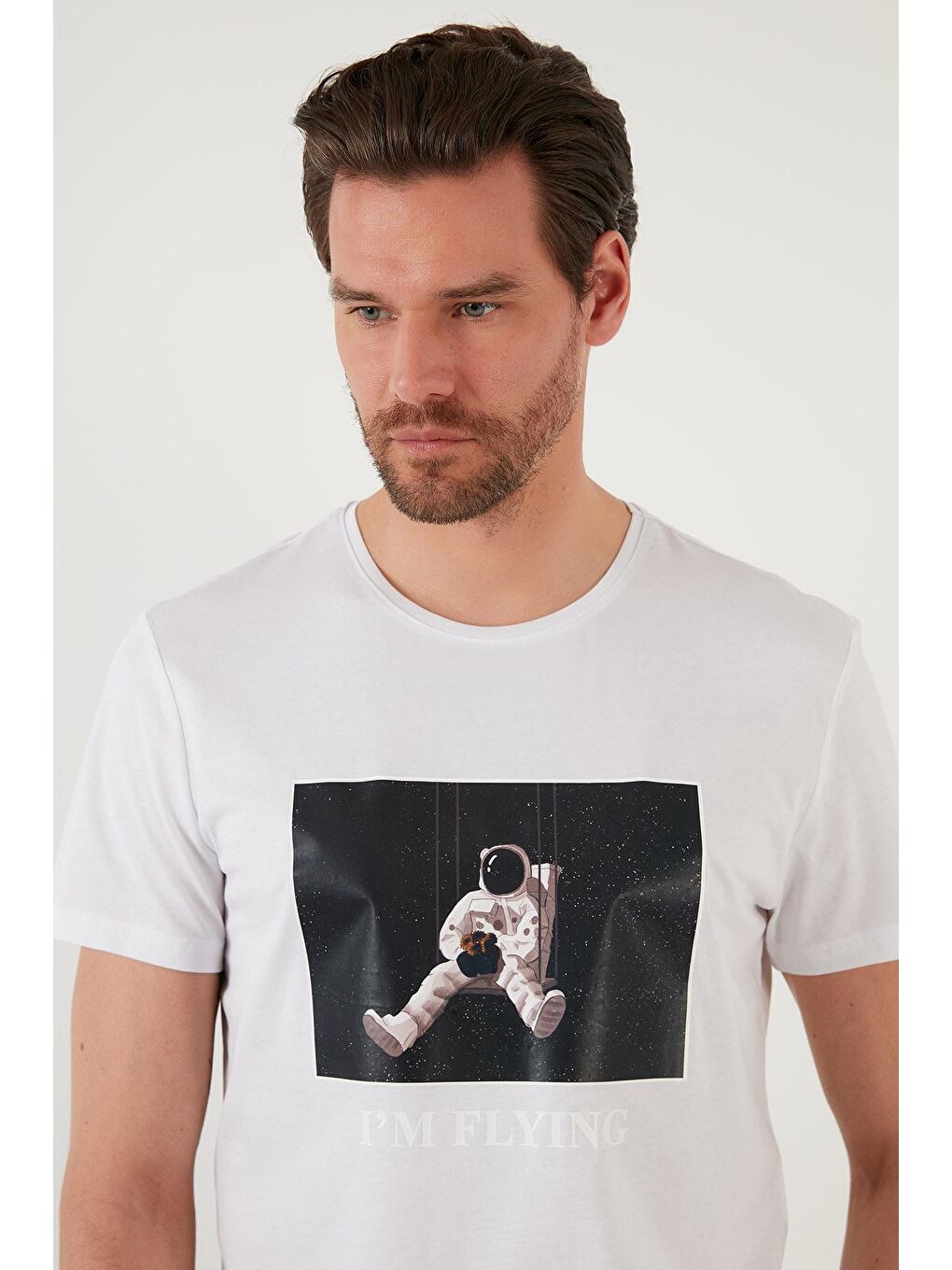 Beyaz Baskılı Slim Fit Bisiklet Yaka %100 Pamuk Tişört 5902416-4