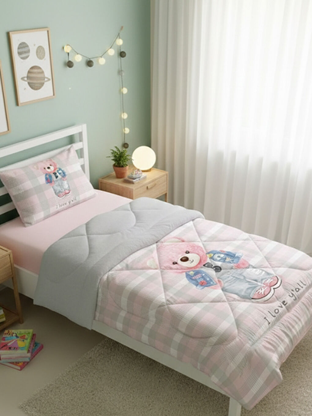 Karışık Pembe Teddy Desenli Tek Kişilik 160x220 Cm Wellsoft Çift Taraflı Silikon Yorgan Ve Uyku Seti-1