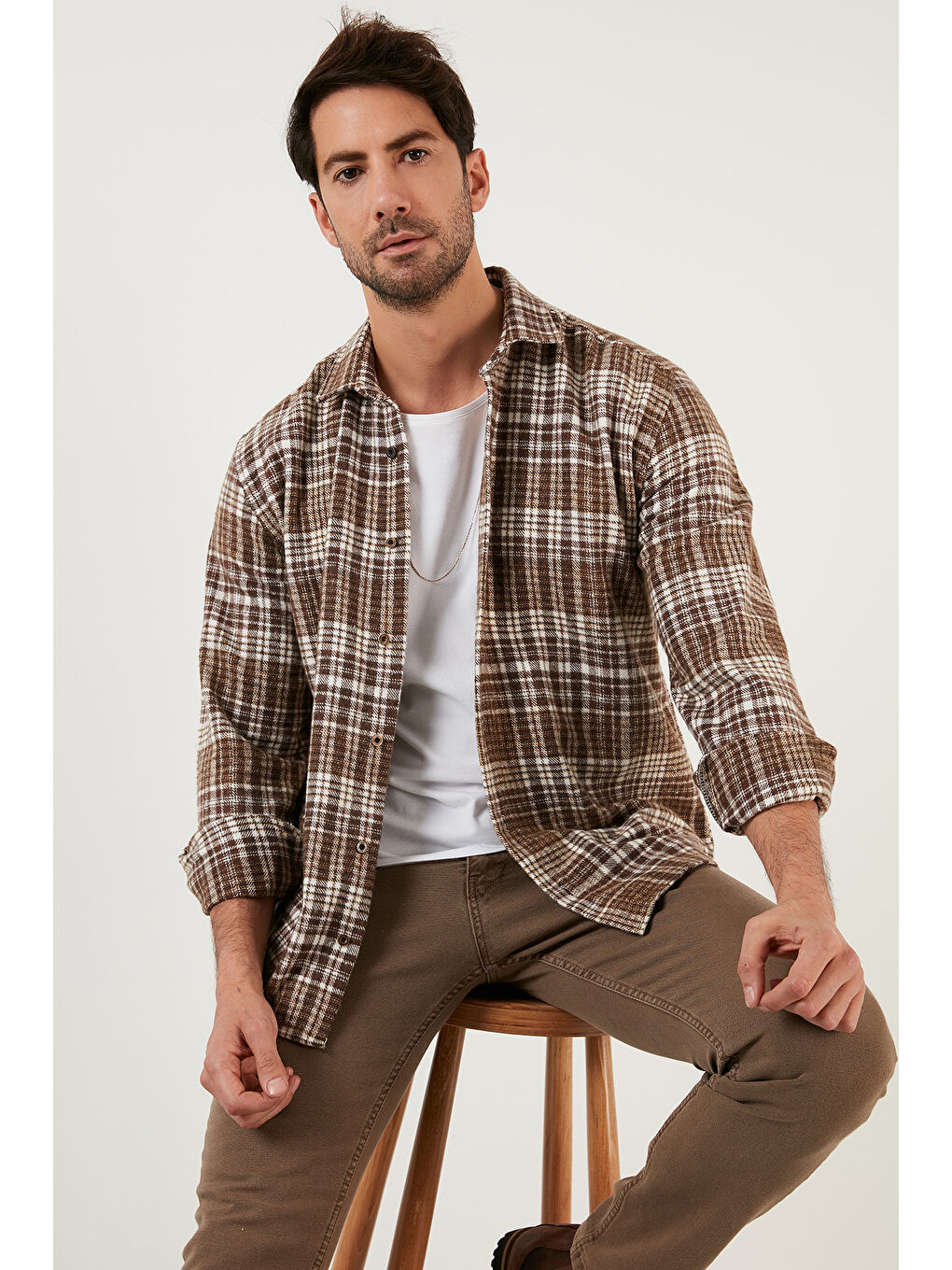 Kahverengi Ekose Desenli Pamuklu Regular Fit Kışlık Oduncu Gömlek 5896601-6