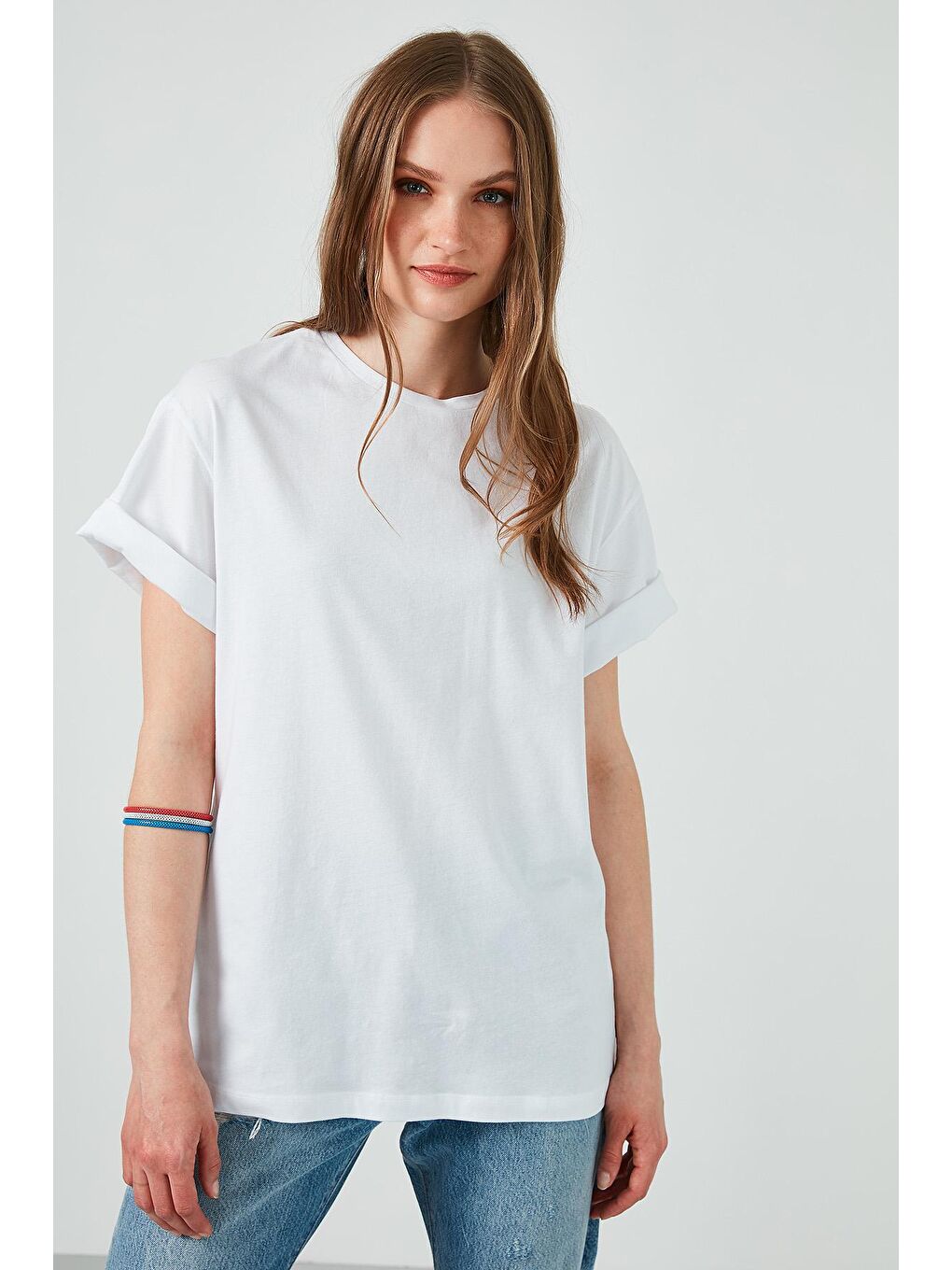 Beyaz Oversize Sırtı Baskılı Bisiklet Yaka % 100 Pamuk T Shirt 6001005-2