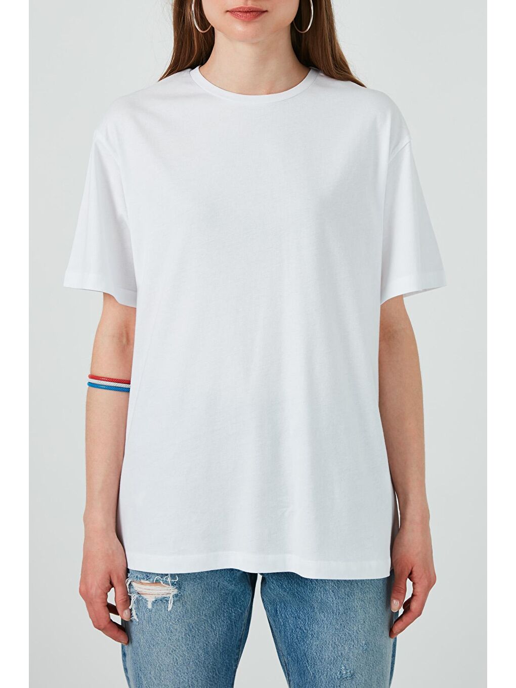 Beyaz Oversize Sırtı Baskılı Bisiklet Yaka % 100 Pamuk T Shirt 6001005-4