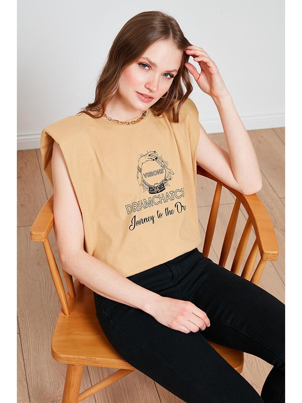 Sarı Baskılı Bisiklet Yaka Vatkalı % 100 Pamuk T Shirt 6001008