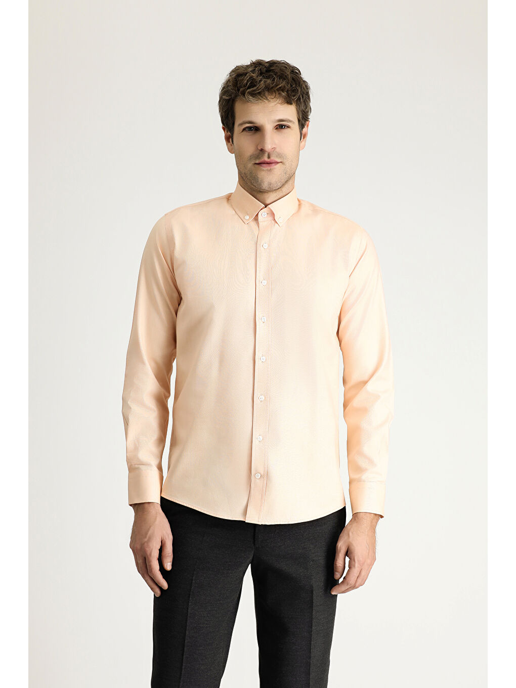 Turuncu Uzun Kol Slim Fit Dar Kesim Oxford Pamuk Düğmeli Yaka %100 Pamuk Gömlek-2