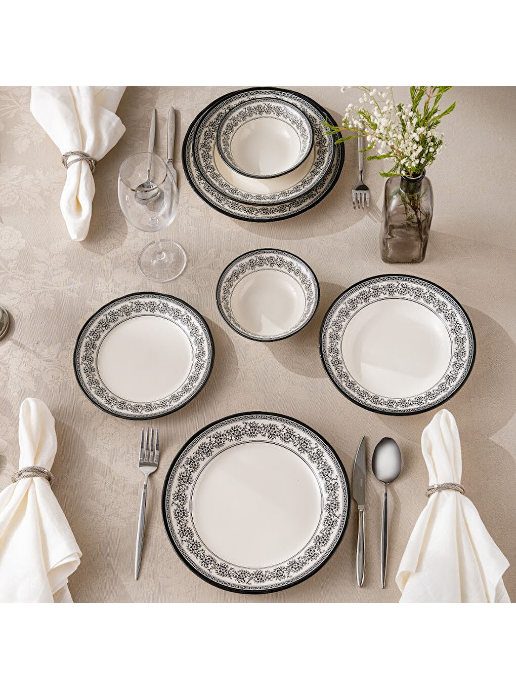 Beyaz Arya 24 Parça 6 Kişilik Yemek Takımı Siyah-4