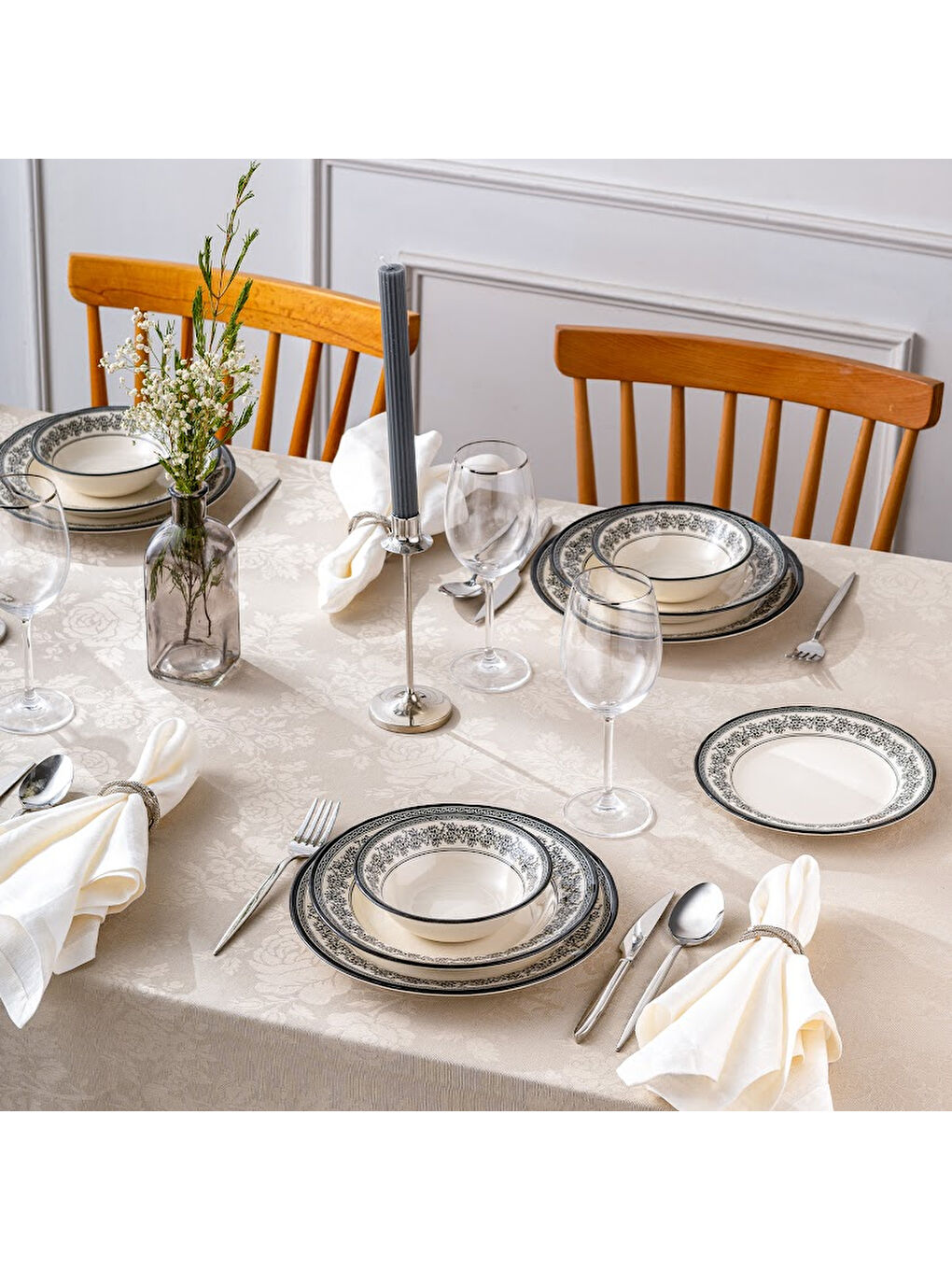 Beyaz Arya 24 Parça 6 Kişilik Yemek Takımı Siyah-5