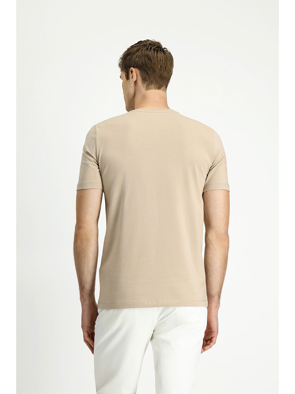 Bej Bisiklet Yaka Slim Fit Dar Kesim Süprem Pamuklu Tişört-3