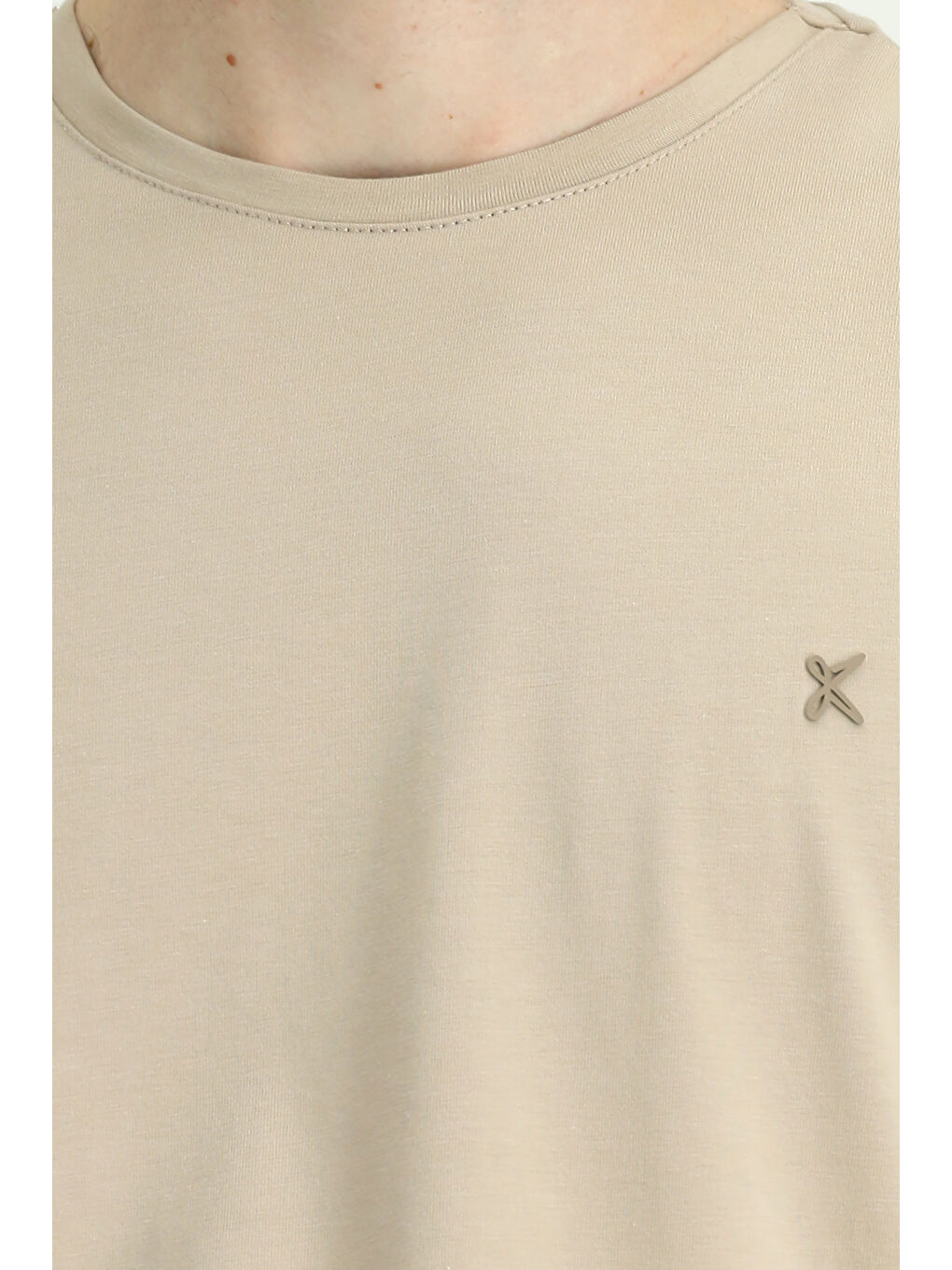 Bej Bisiklet Yaka Slim Fit Dar Kesim Süprem Pamuklu Tişört-4