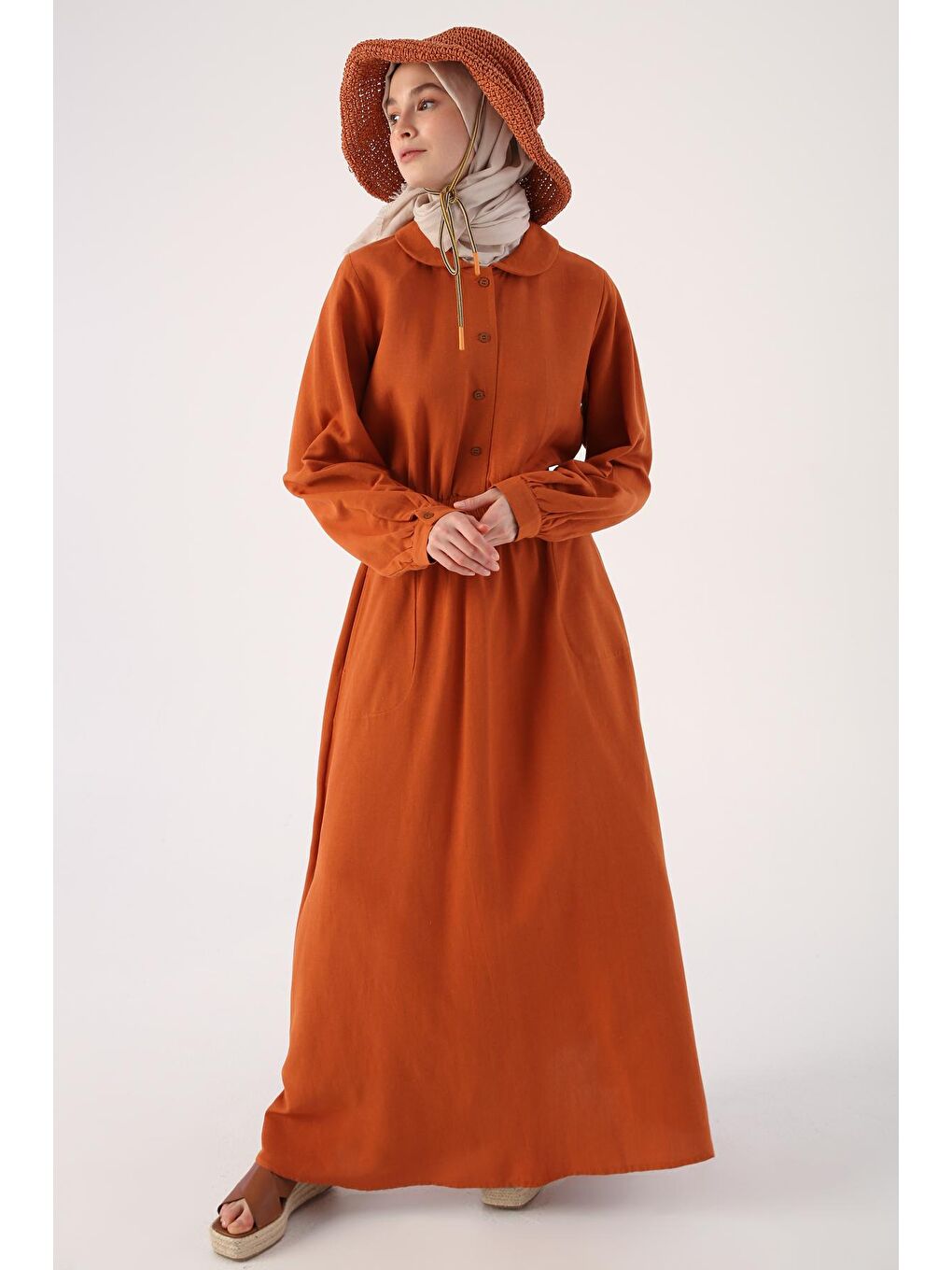 Kahverengi Kiremit Bebe Yaka Beli Lastikli Viskon Keten Elbise