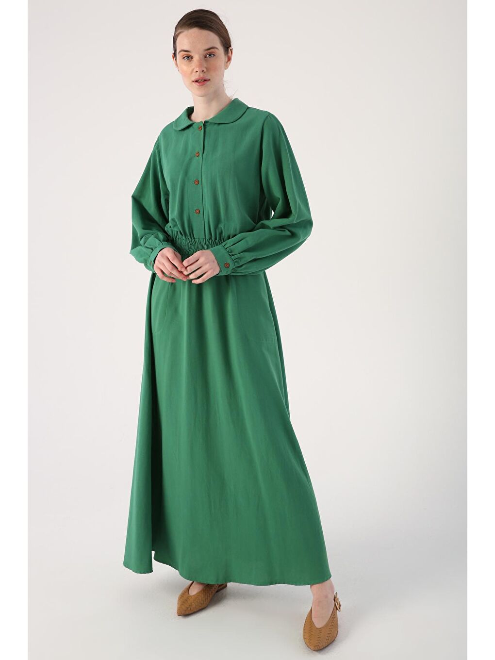 Koyu Yeşil Bebe Yaka Beli Lastikli Viskon Keten Elbise