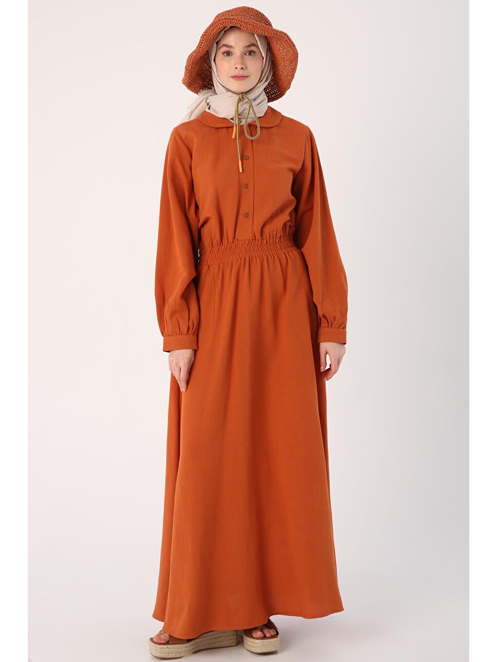 Kahverengi Kiremit Bebe Yaka Beli Lastikli Viskon Keten Elbise-1