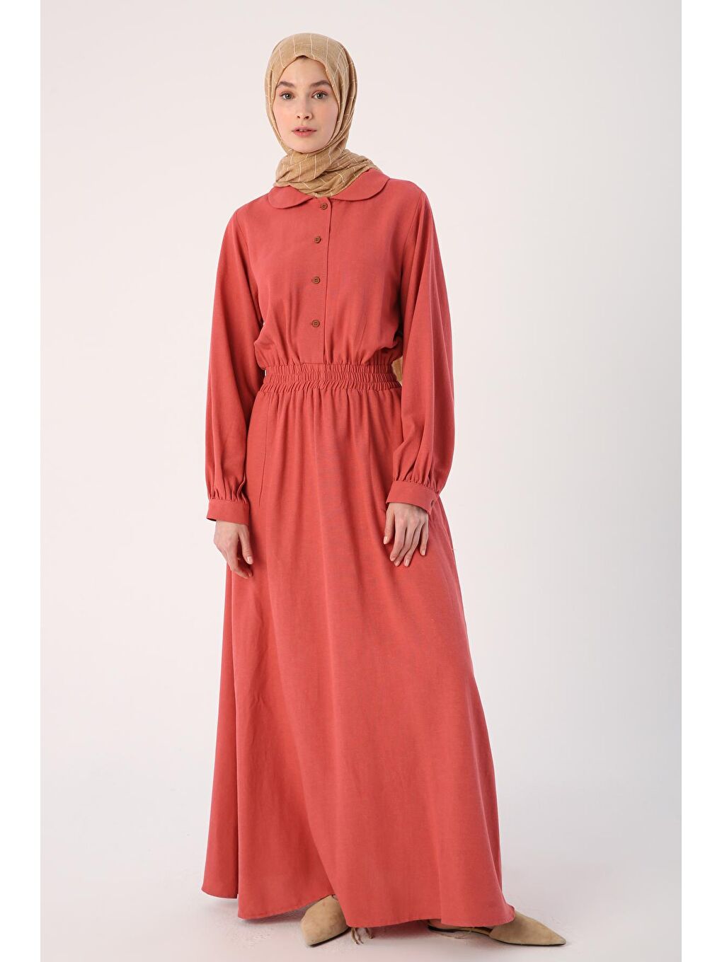 Pembe Gül Kurusu Bebe Yaka Beli Lastikli Viskon Keten Elbise-1