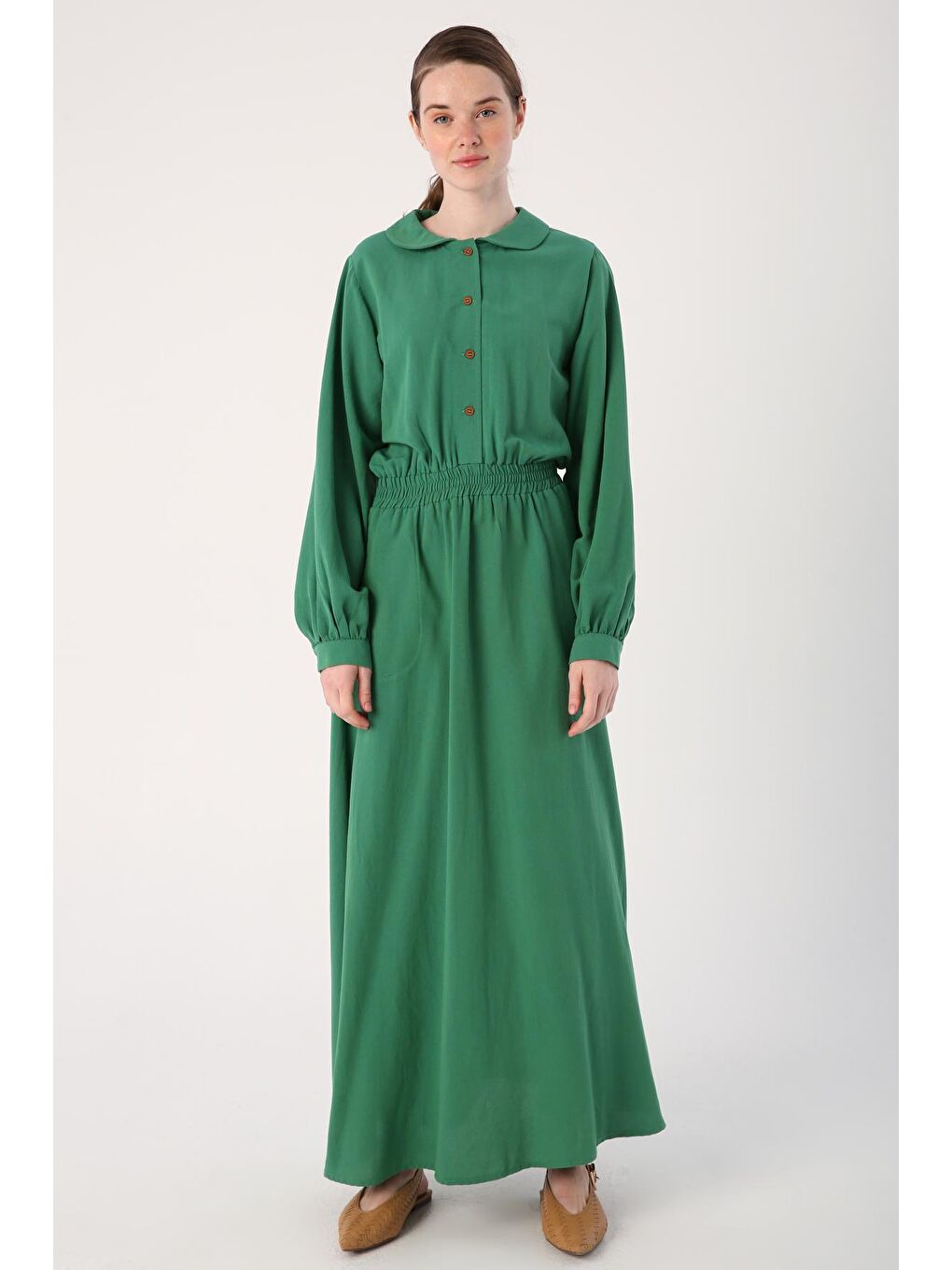 Koyu Yeşil Bebe Yaka Beli Lastikli Viskon Keten Elbise-1