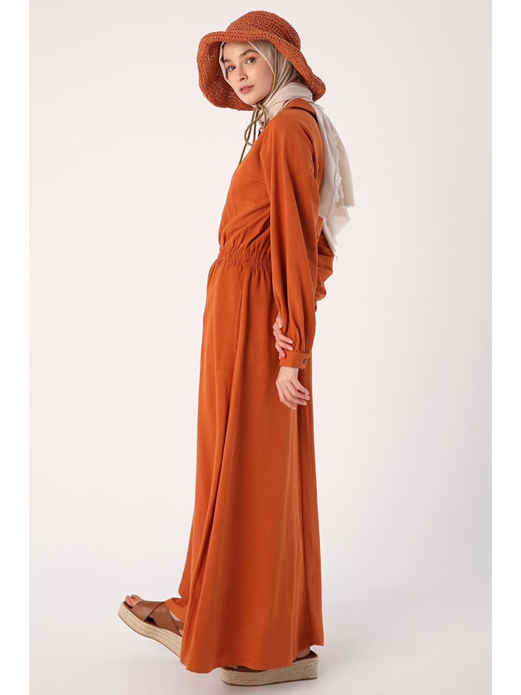 Kahverengi Kiremit Bebe Yaka Beli Lastikli Viskon Keten Elbise-2