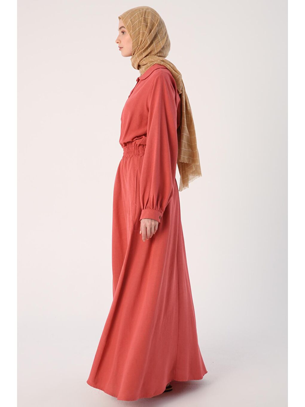 Pembe Gül Kurusu Bebe Yaka Beli Lastikli Viskon Keten Elbise-2