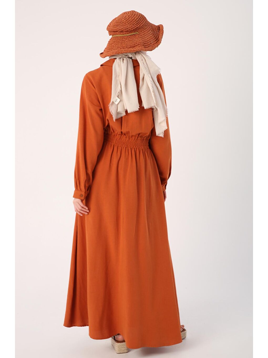 Kahverengi Kiremit Bebe Yaka Beli Lastikli Viskon Keten Elbise-3