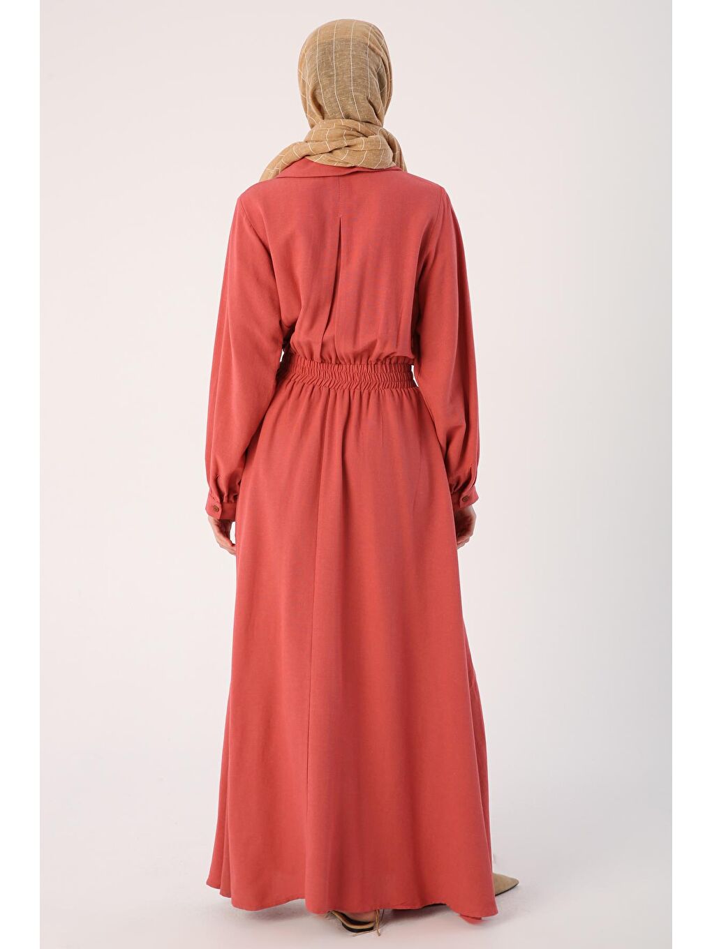 Pembe Gül Kurusu Bebe Yaka Beli Lastikli Viskon Keten Elbise-3