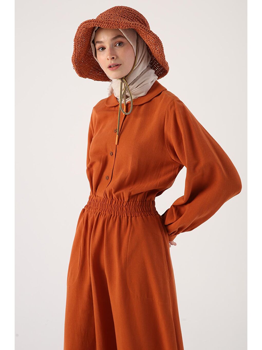 Kahverengi Kiremit Bebe Yaka Beli Lastikli Viskon Keten Elbise-4