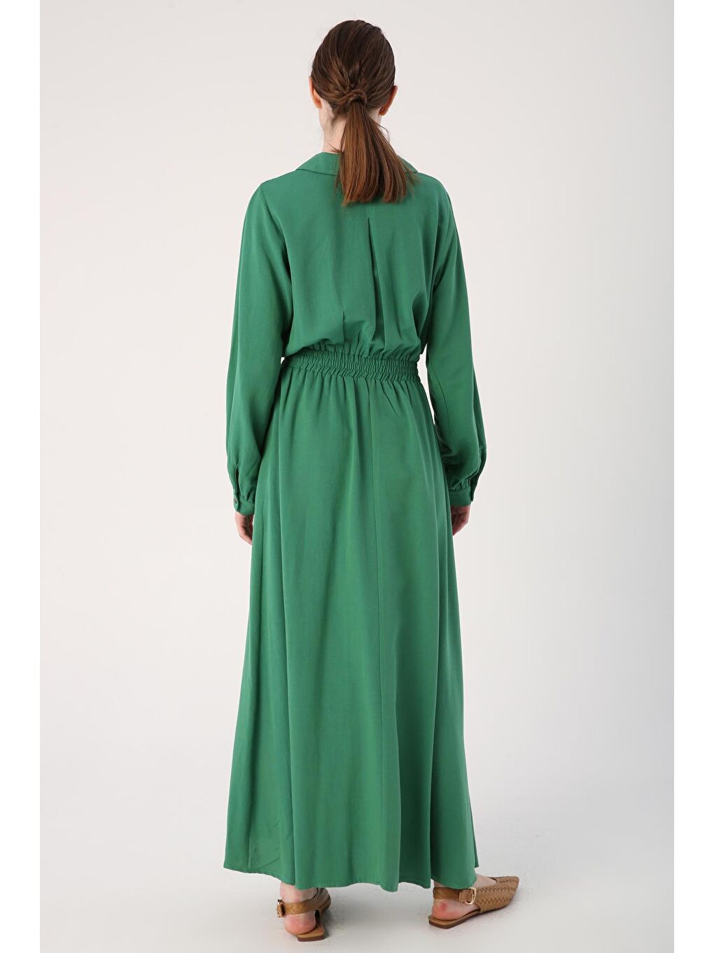 Koyu Yeşil Bebe Yaka Beli Lastikli Viskon Keten Elbise-3