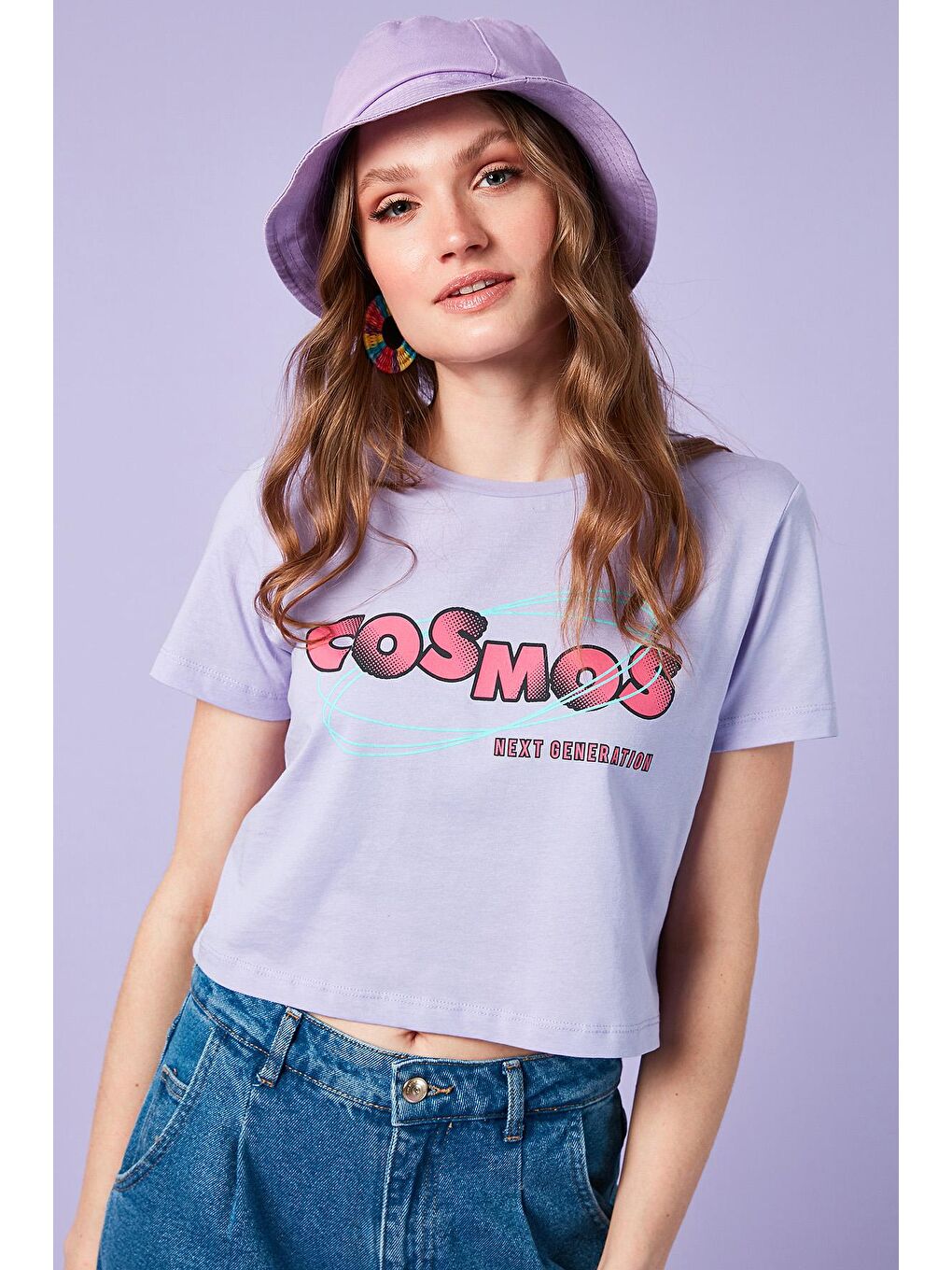 Lila Baskılı Bisiklet Yaka % 100 Pamuk Crop T Shirt 6001011