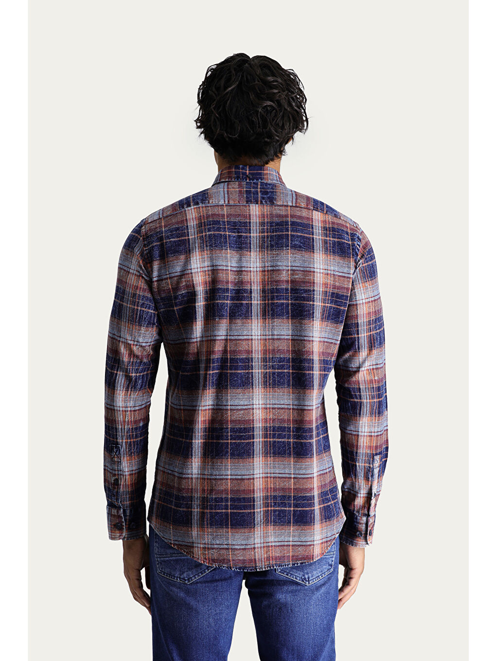 Turuncu Uzun Kol Slim Fit Dar Kesim Ekose Spor Pamuk Düğmeli Yaka Gömlek-3