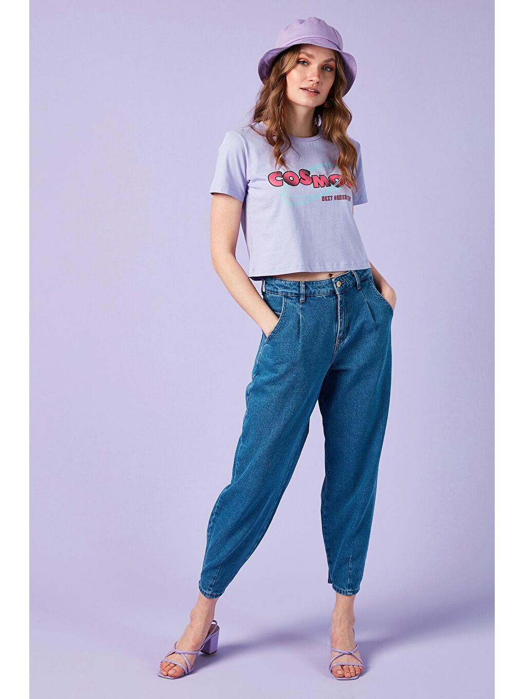 Lila Baskılı Bisiklet Yaka % 100 Pamuk Crop T Shirt 6001011-1