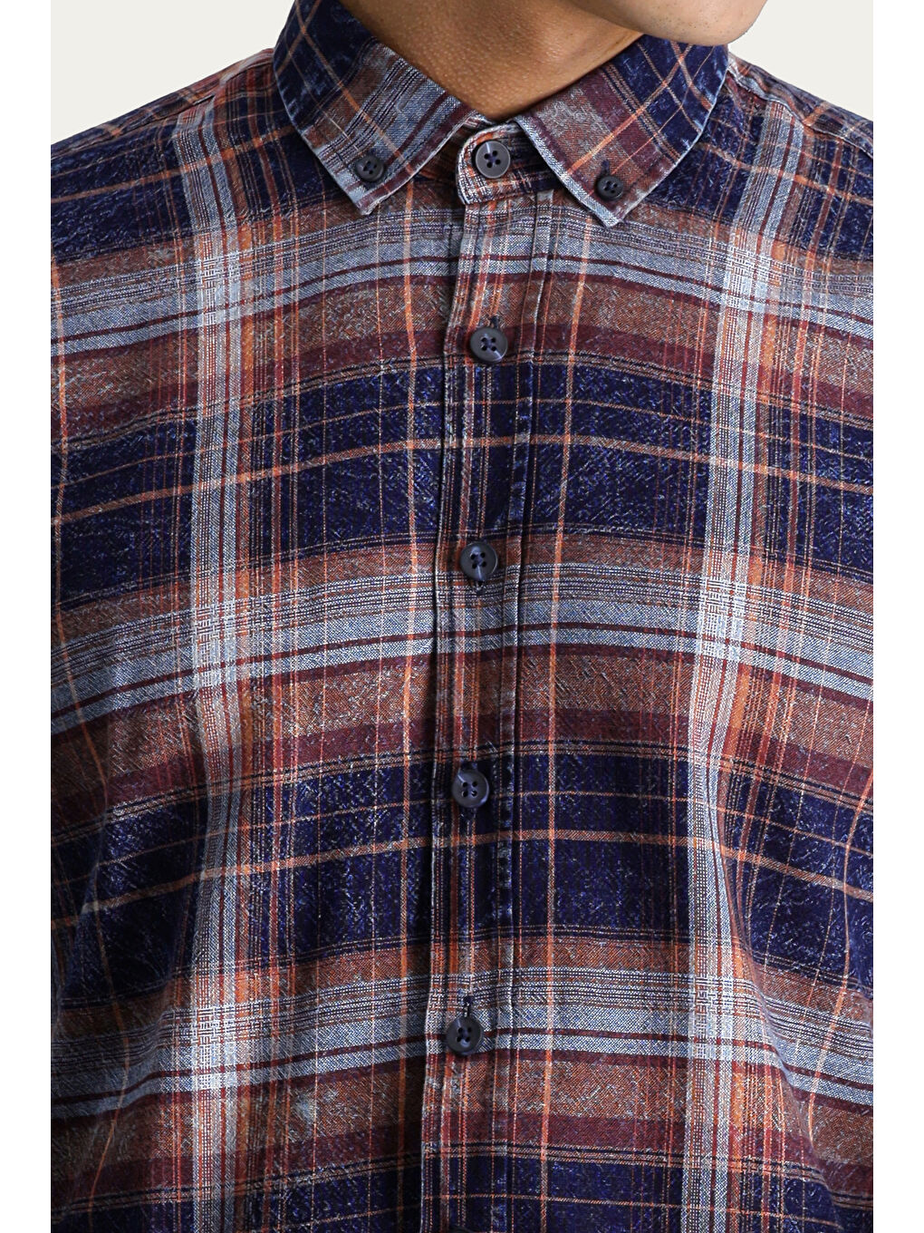 Turuncu Uzun Kol Slim Fit Dar Kesim Ekose Spor Pamuk Düğmeli Yaka Gömlek-4