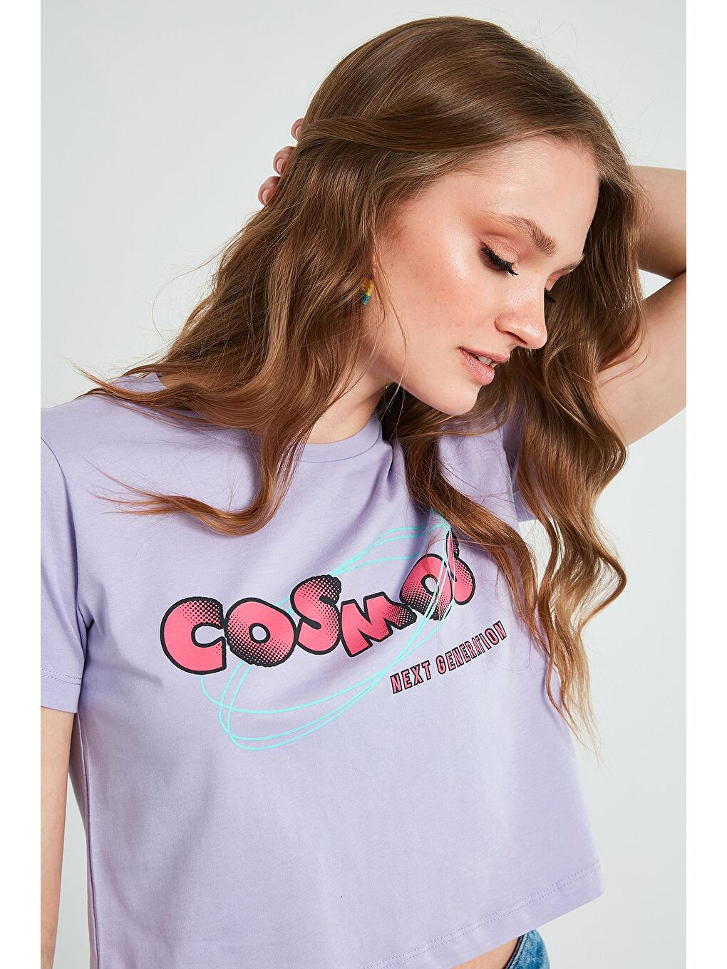 Lila Baskılı Bisiklet Yaka % 100 Pamuk Crop T Shirt 6001011-2