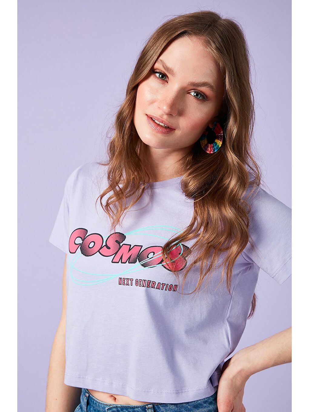 Lila Baskılı Bisiklet Yaka % 100 Pamuk Crop T Shirt 6001011-3