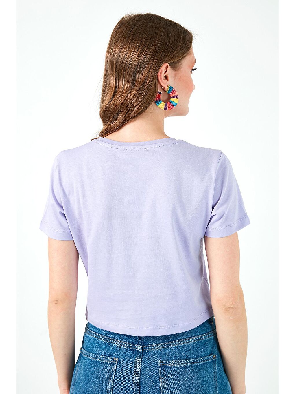 Lila Baskılı Bisiklet Yaka % 100 Pamuk Crop T Shirt 6001011-4