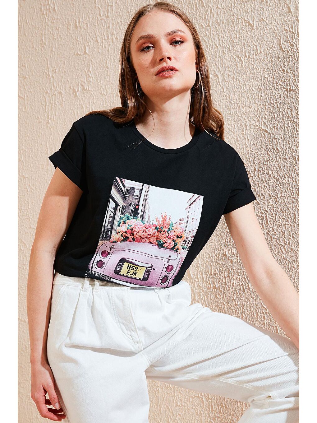 Siyah Baskılı Bisiklet Yaka % 100 Pamuk T Shirt 6001001