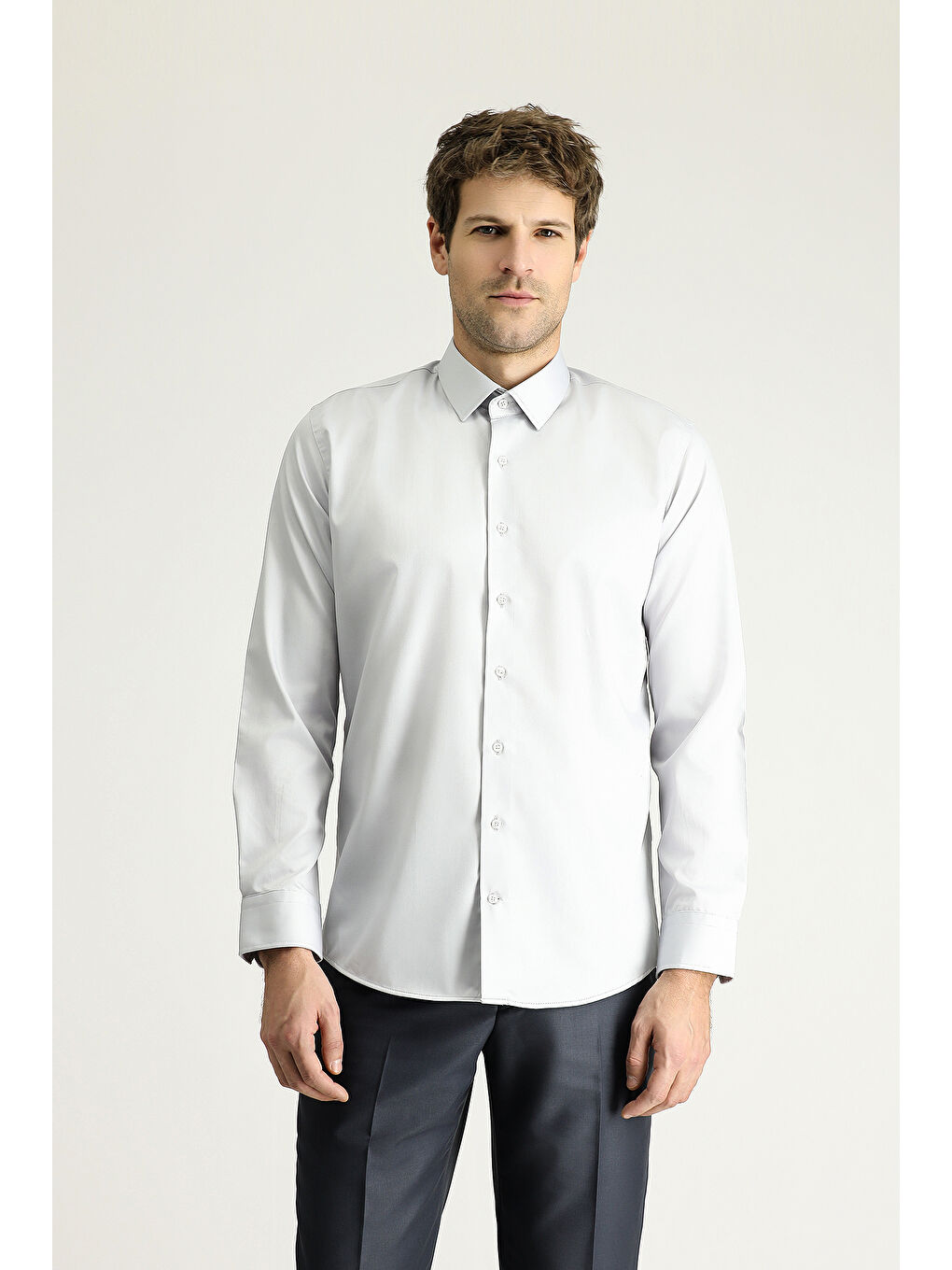 Gri Uzun Kol Slim Fit Dar Kesim Klasik Non Iron Saten Pamuklu Büyük Beden Gömlek-2