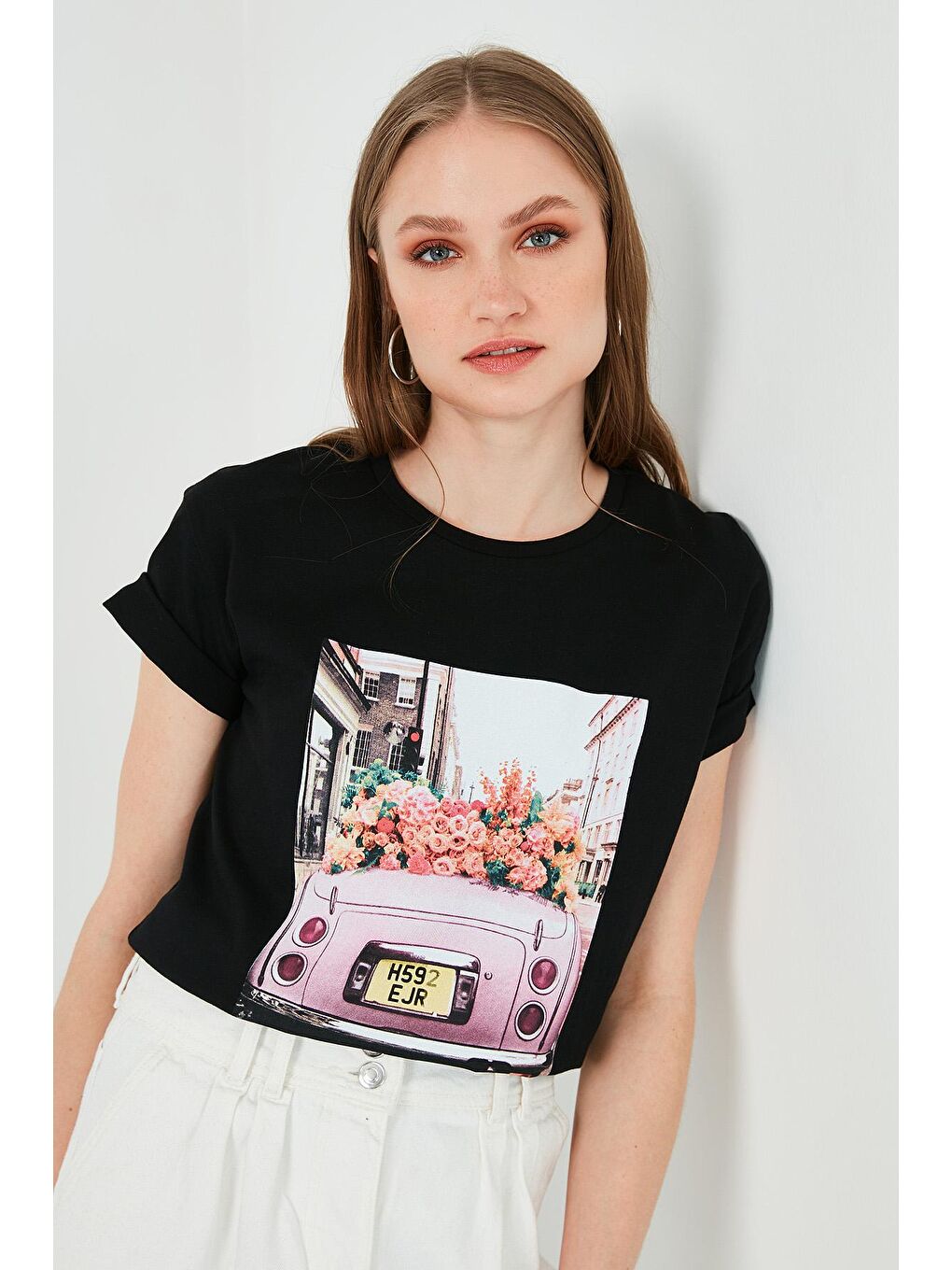 Siyah Baskılı Bisiklet Yaka % 100 Pamuk T Shirt 6001001-1