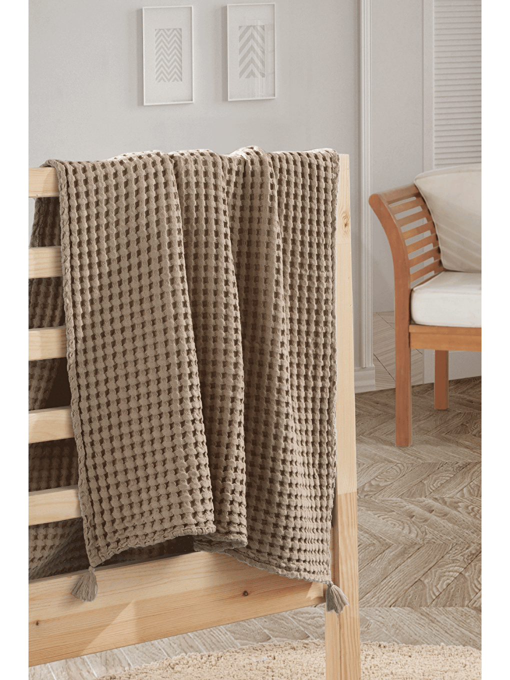 100% Pamuk Tek Kişilik Kalın Waffle Pike Örtü - Bej - 160 x 220 cm-1