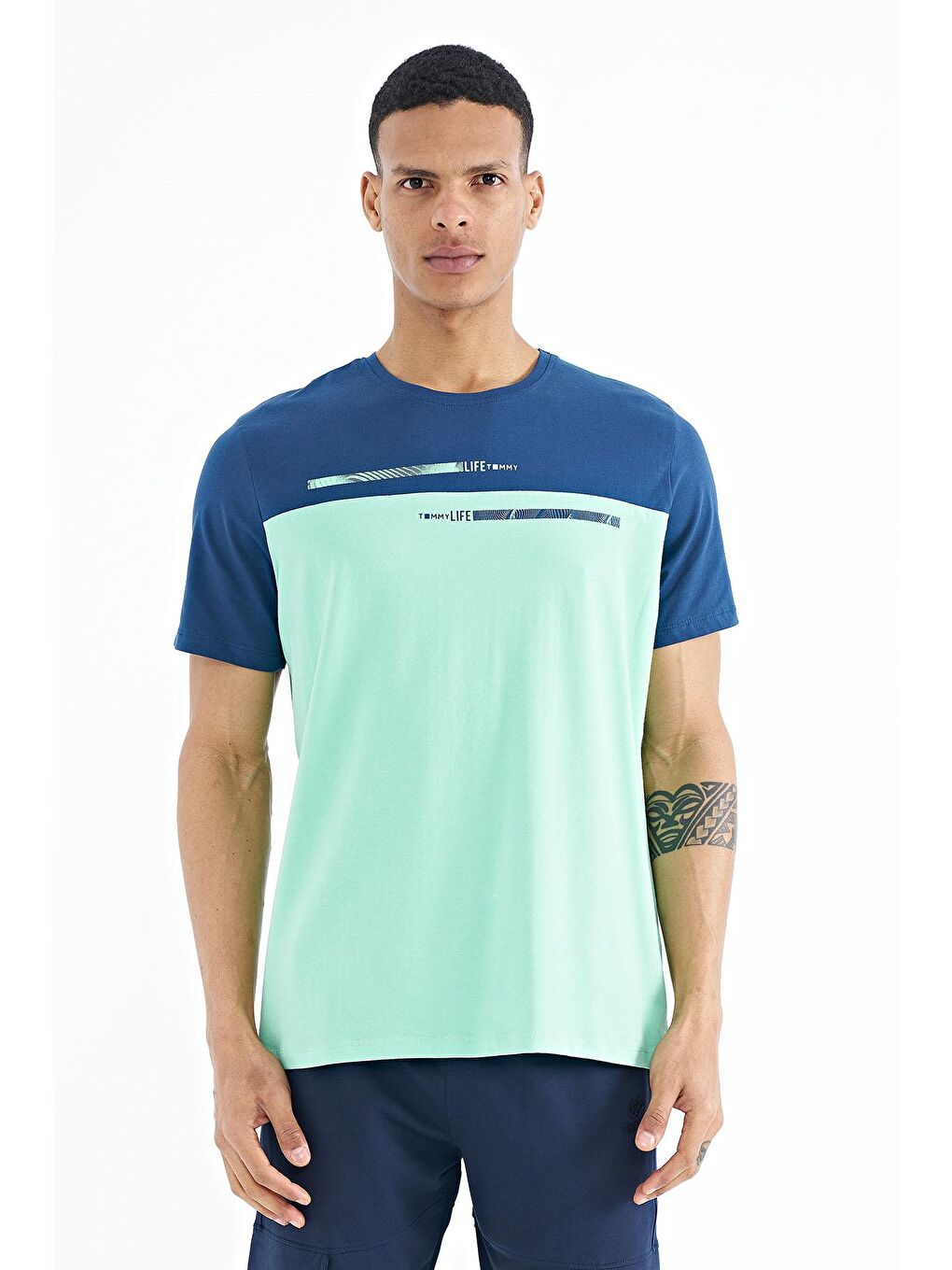 Turkuaz Su Yeşili Baskılı Standart Kalıp O Yaka Erkek Tişört - 88185