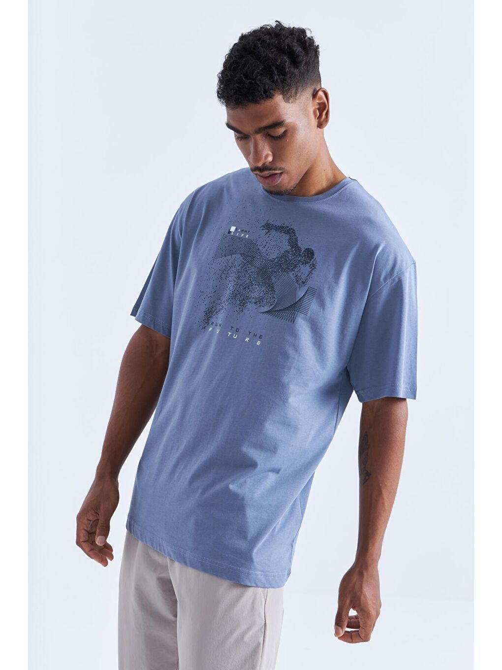 Petrol Baskı Detaylı O Yaka Erkek Oversize Tişört  - 88093