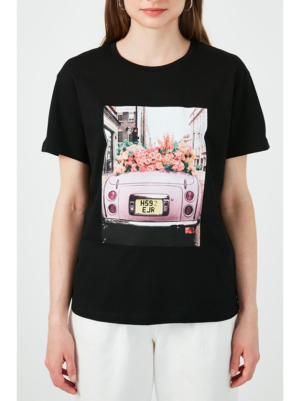 Siyah Baskılı Bisiklet Yaka % 100 Pamuk T Shirt 6001001-4