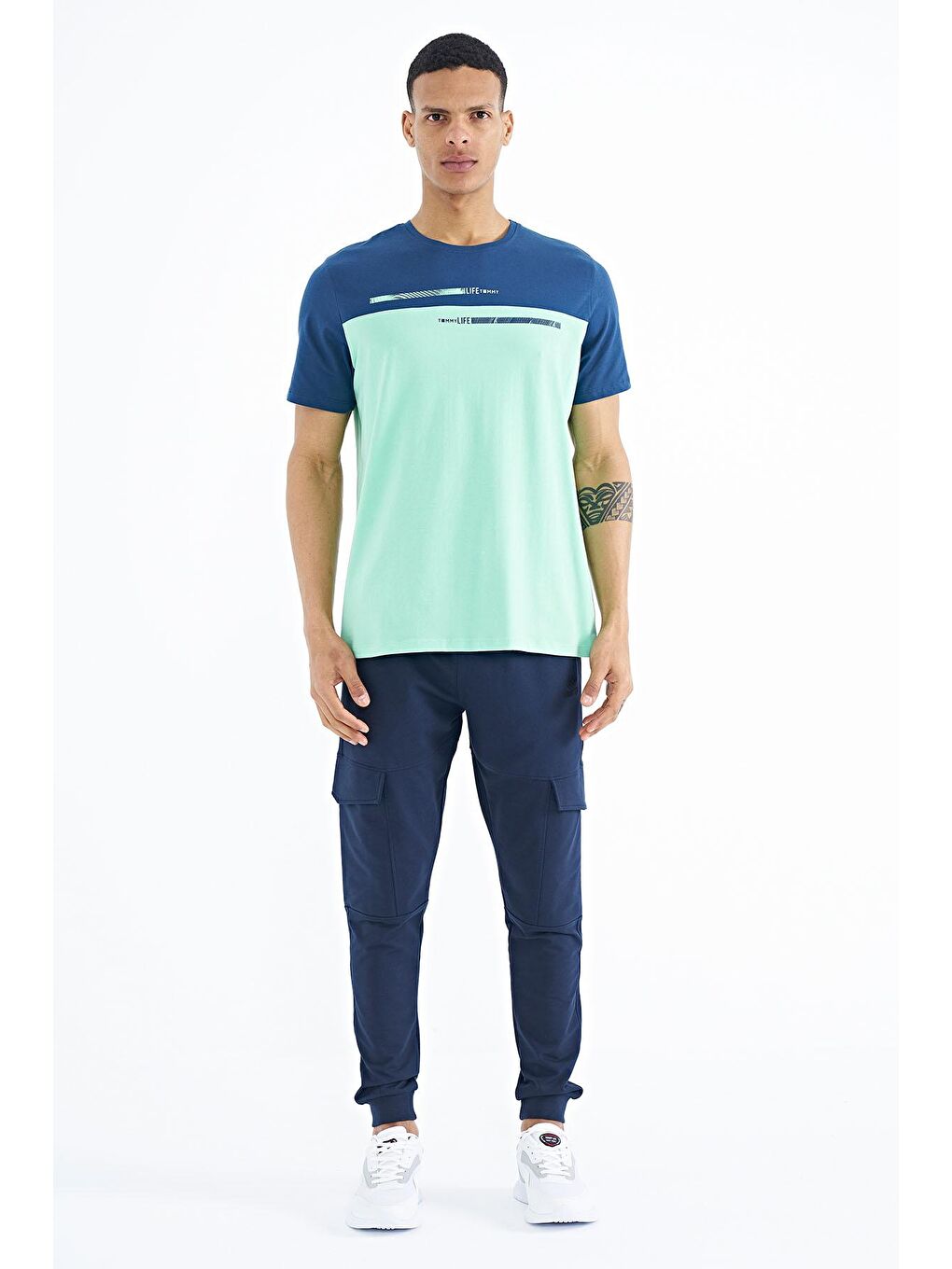 Turkuaz Su Yeşili Baskılı Standart Kalıp O Yaka Erkek Tişört - 88185-1