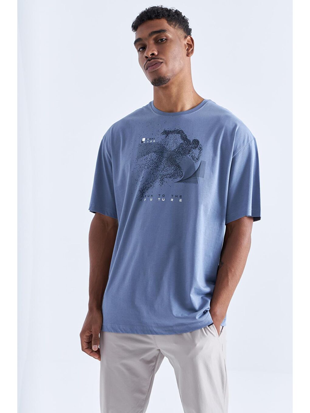 Petrol Baskı Detaylı O Yaka Erkek Oversize Tişört  - 88093-2