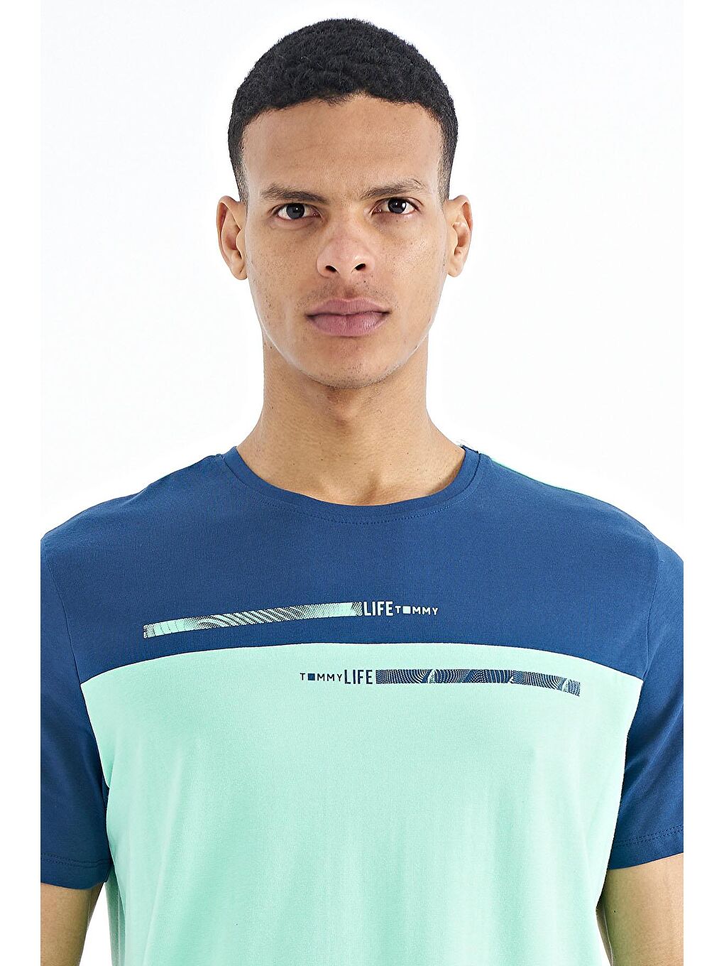 Turkuaz Su Yeşili Baskılı Standart Kalıp O Yaka Erkek Tişört - 88185-2