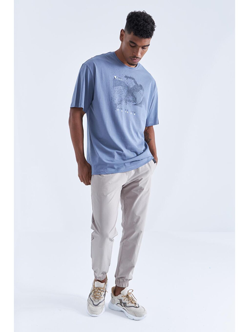 Petrol Baskı Detaylı O Yaka Erkek Oversize Tişört  - 88093-3