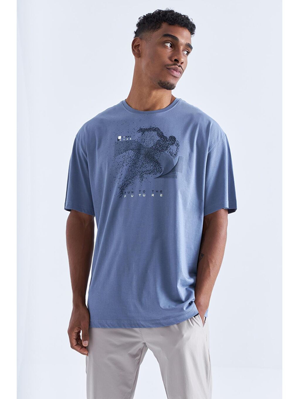 Petrol Baskı Detaylı O Yaka Erkek Oversize Tişört  - 88093-4