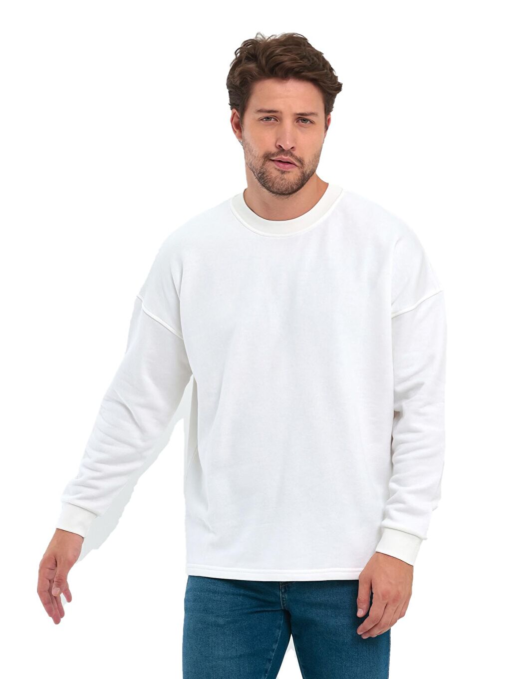 Rodi Ekru 3 İplik Bisiklet Yaka Erkek Sweatshirt