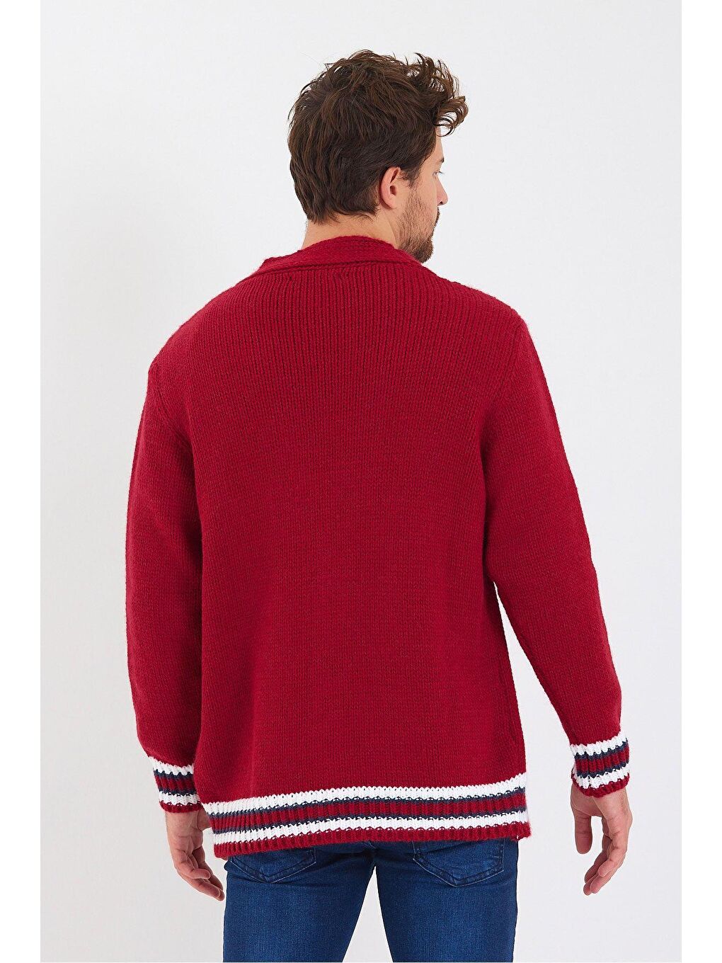 Bordo Erkek Nakışlı Düğmeli Triko Hırka-trz3451r01m-3